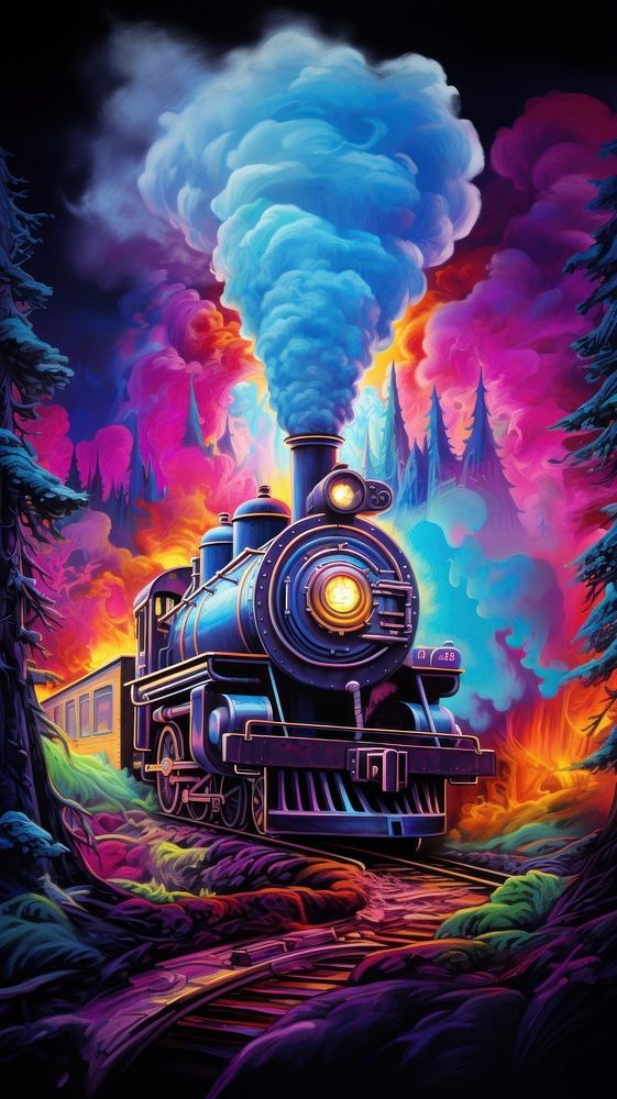 An old steam train Vibrant Neon Colors locomotive outdoors.