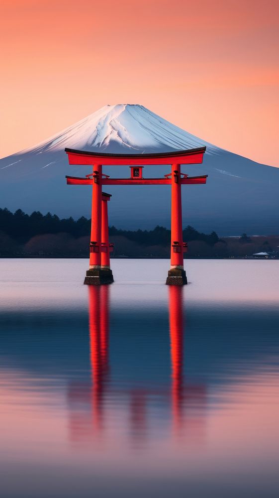 Torii lake fuji mountain sunset Free Photo rawpixel