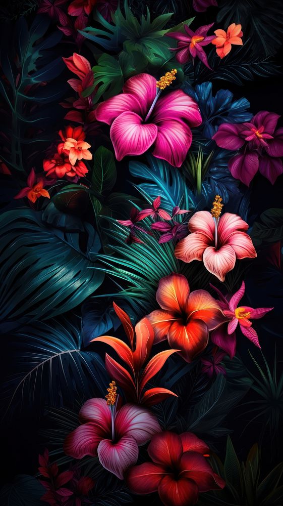 Tropical neon wallpaper tropics pattern flower.