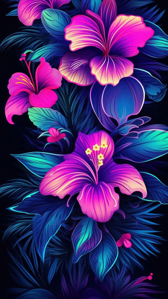 Tropical neon wallpaper pattern purple flower.