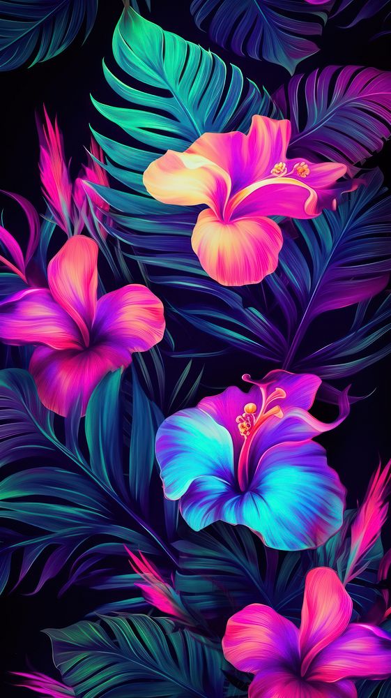Tropical neon wallpaper backgrounds pattern flower.
