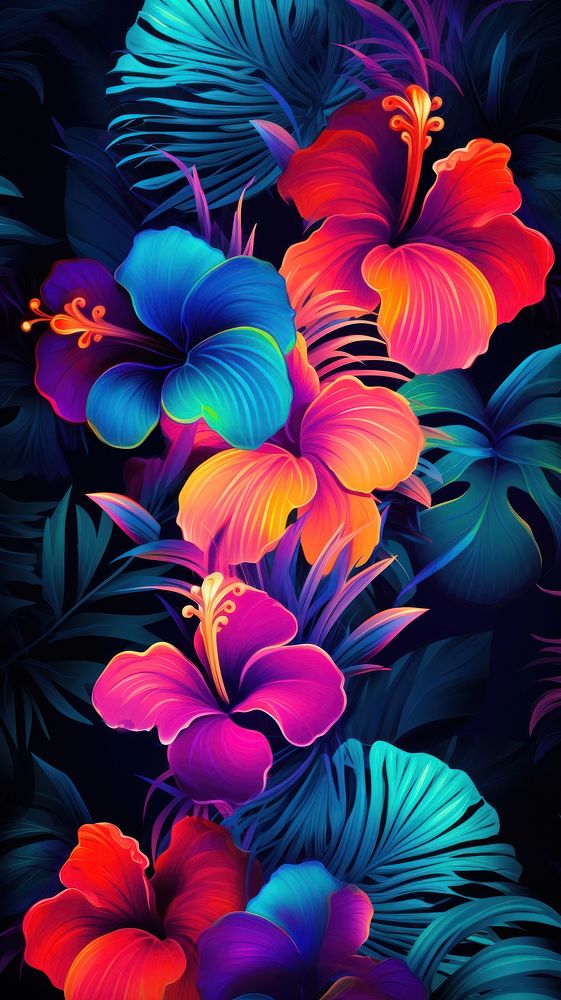 Tropical neon wallpaper pattern flower plant.