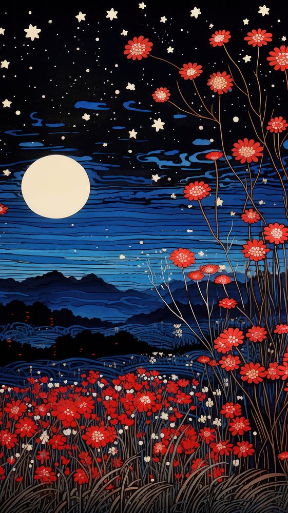 Traditional japanese vivid fireflies on flower field landscape at night astronomy outdoors nature.