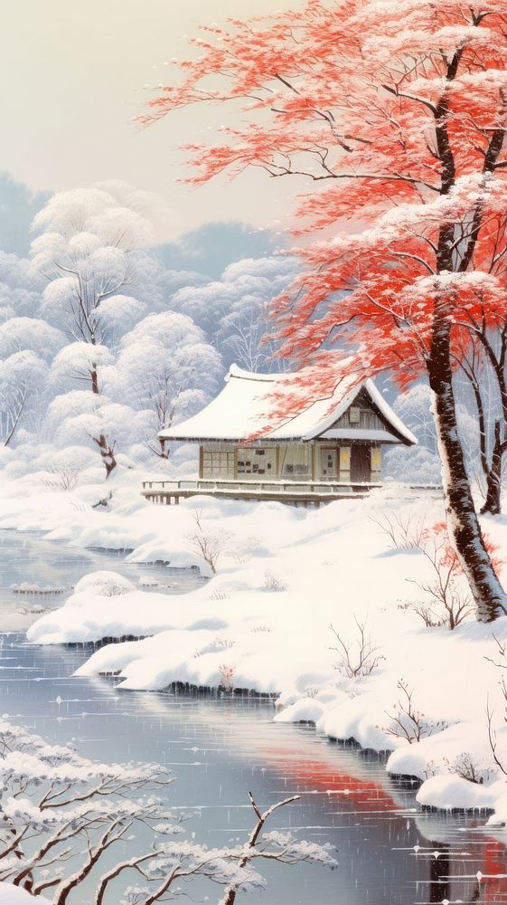 Traditional japanese vivid snowing landscape architecture building outdoors.