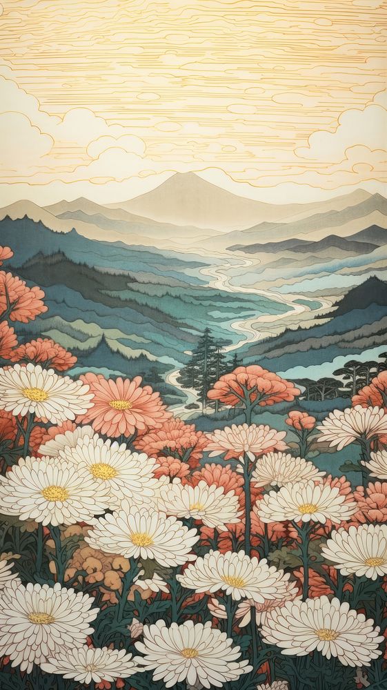 Traditional japanese ancient temple painting flower plant.