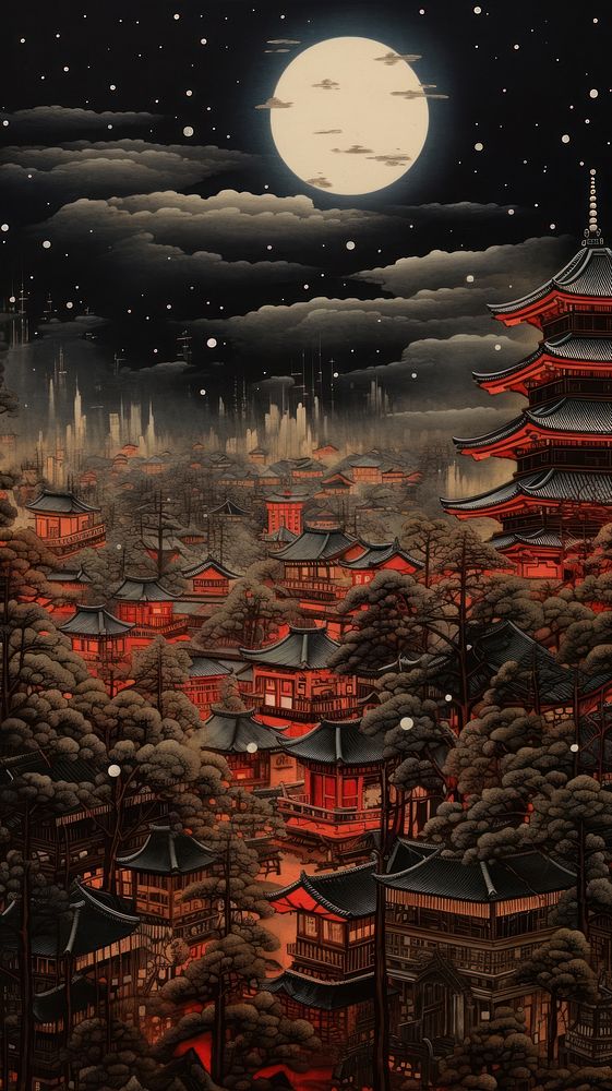 Traditional japanese crowded town at night tradition outdoors moon.