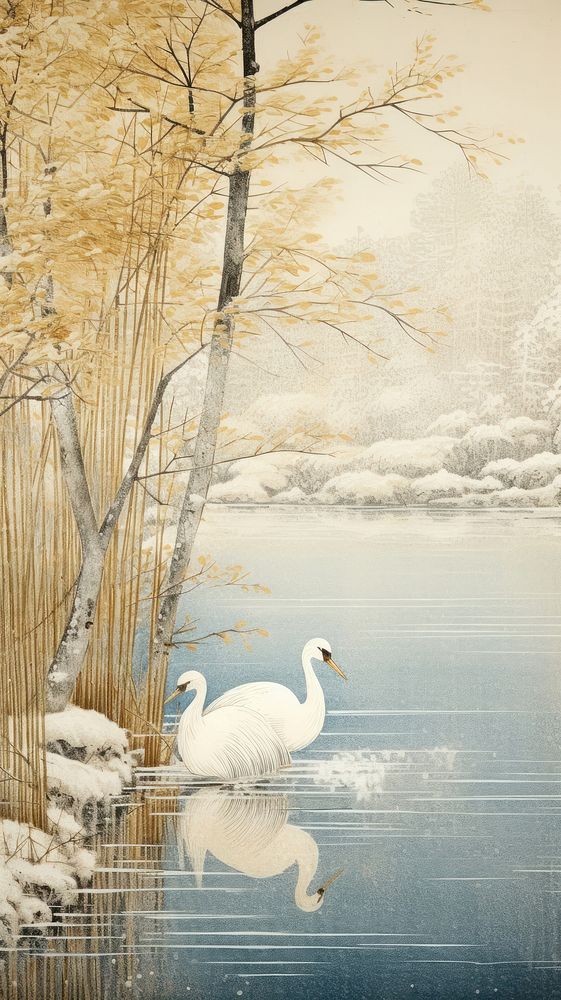 Traditional japanese frozen lake outdoors painting animal.