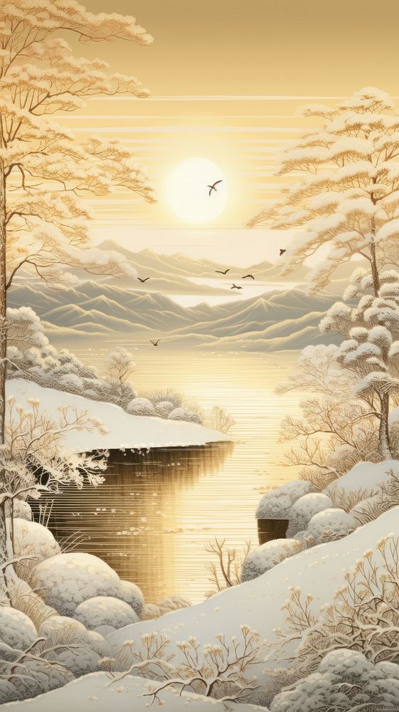 Traditional japanese frozen lake landscape outdoors nature.