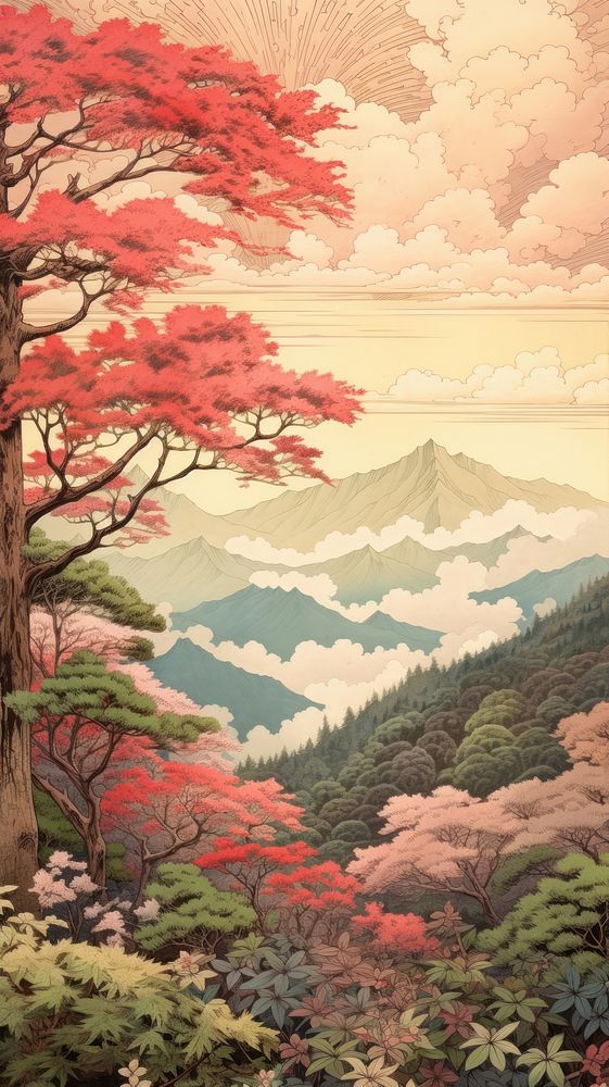 Traditional japanese metro countryside landscape outdoors painting.