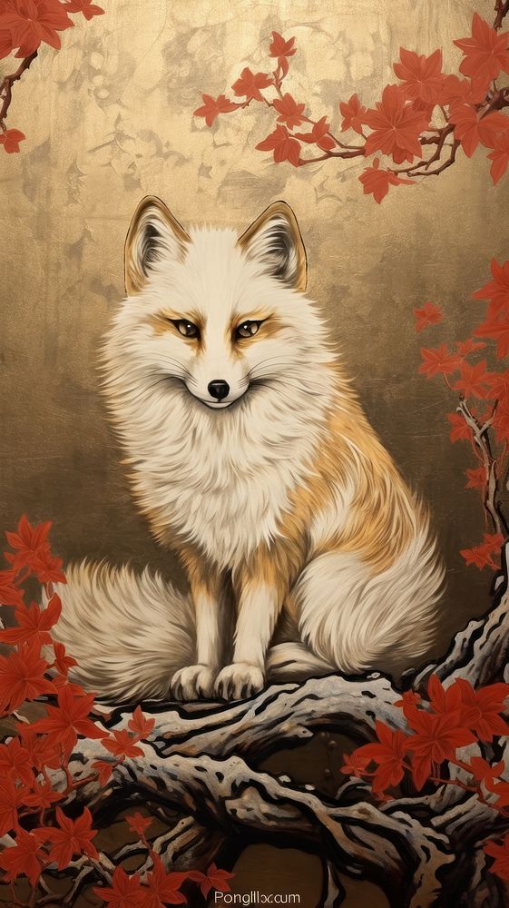 Traditional japanese red fox wildlife painting animal.