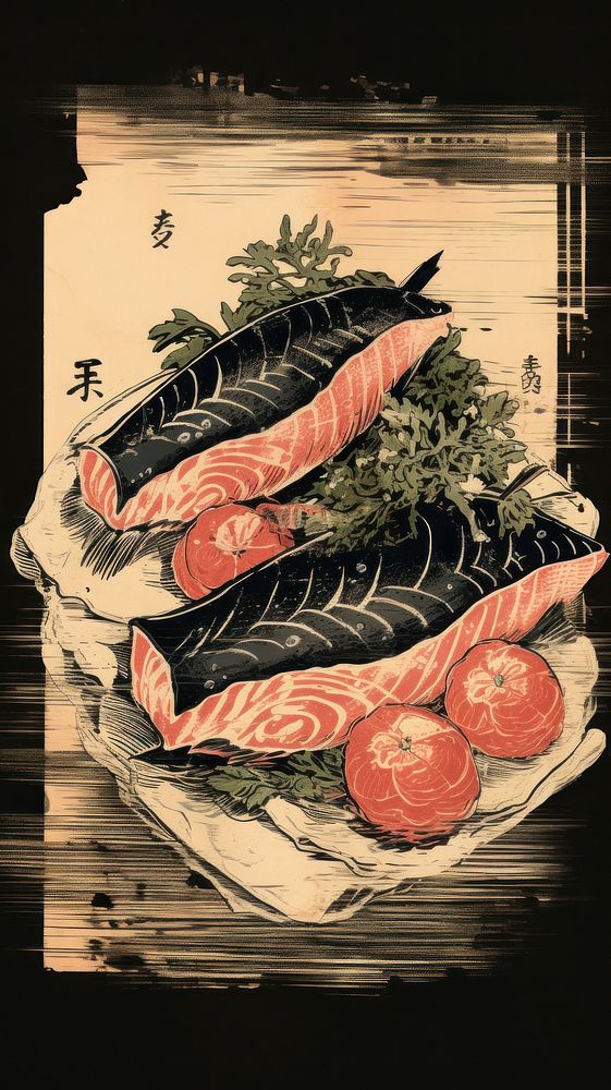 Traditional japanese sashimi seafood meat vegetable.