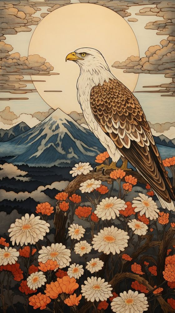 Traditional japanese stunning hawk painting animal bird.