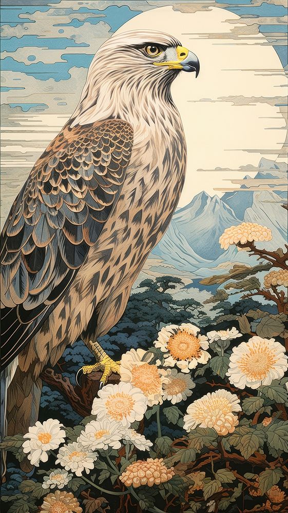 Traditional japanese stunning hawk animal bird art.