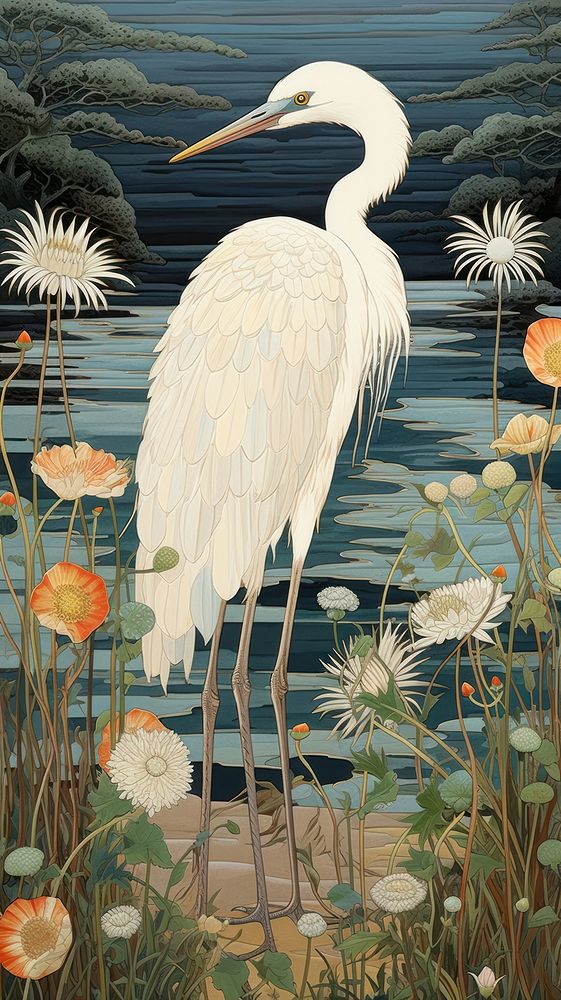 Traditional japanese stunning heron painting animal bird.