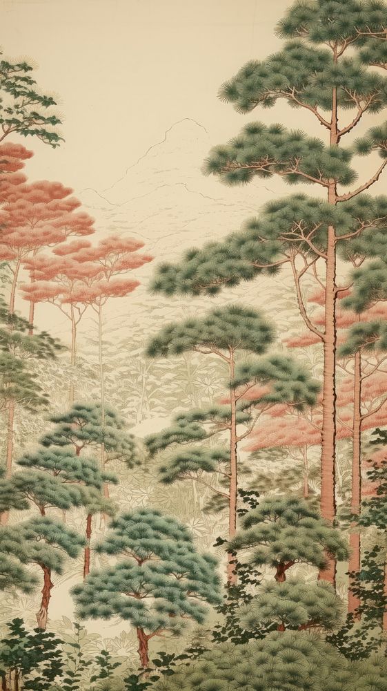 Japanese pine forest art backgrounds outdoors.