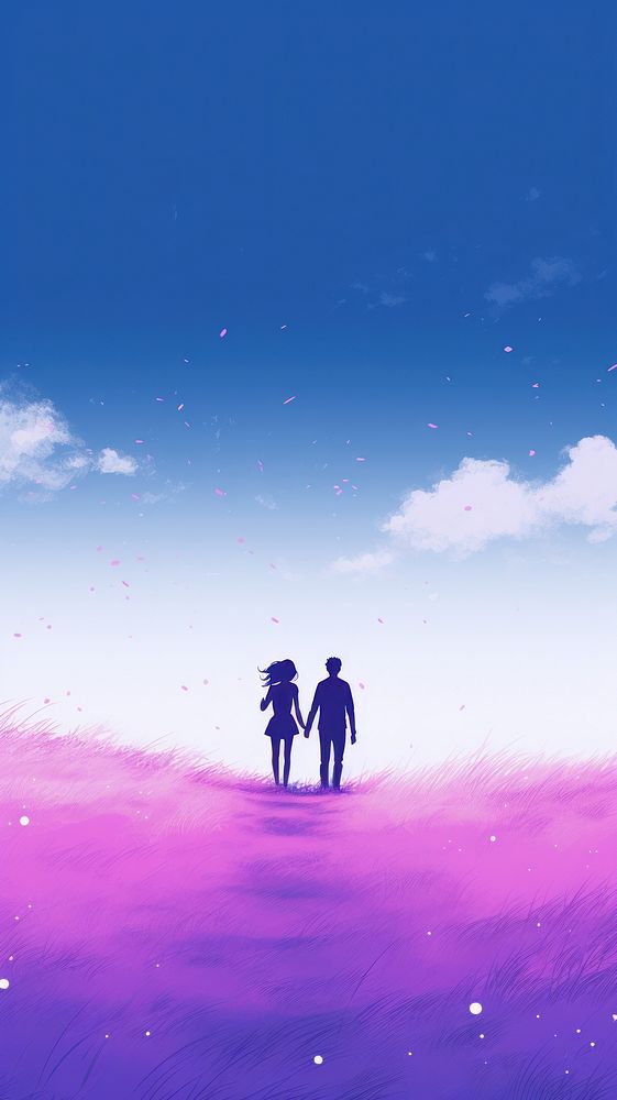 Couple love walking in the meadow purple outdoors blue.