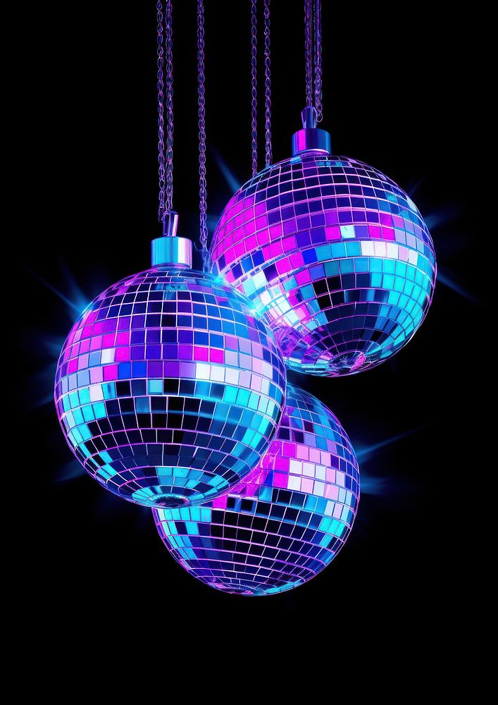 A neon disco balls lighting purple night.