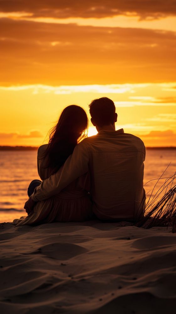 Love couple sunset beach outdoors.