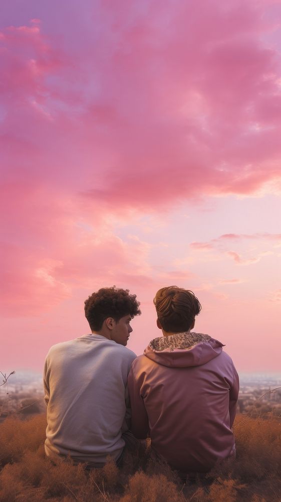 Love gay couple sky landscape outdoors.