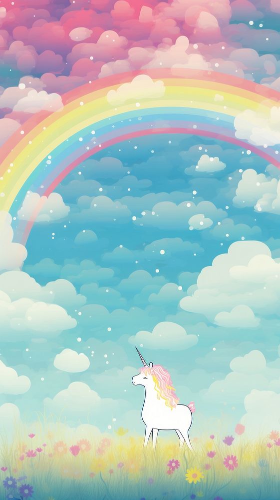 Unicorn rainbow sky landscape.