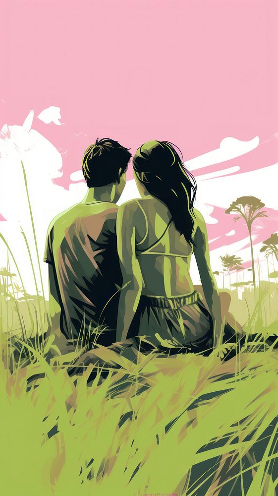 Couple love sitting in the meadow grass outdoors drawing.