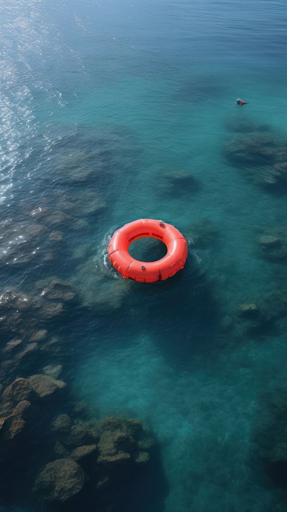 Red inflatable ring in the ocean lifebuoy outdoors nature.
