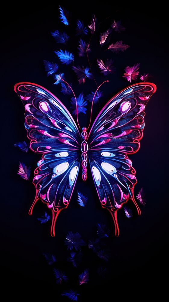 Butterfly neon light wallpaper pattern purple illuminated.