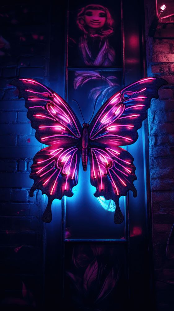 Butterfly neon sign wallpaper purple light architecture.