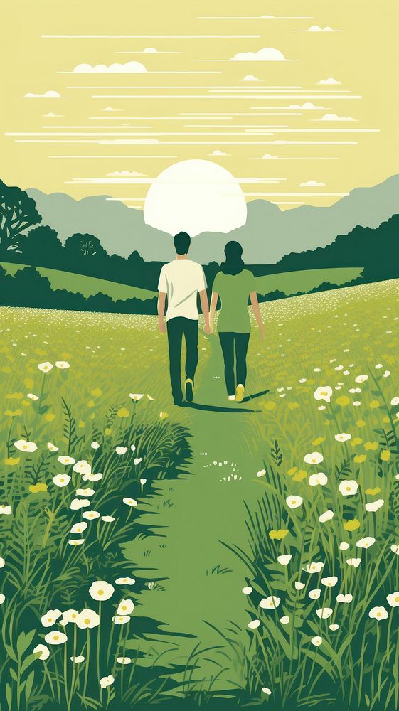 Couple love walking in the meadow nature landscape grassland.