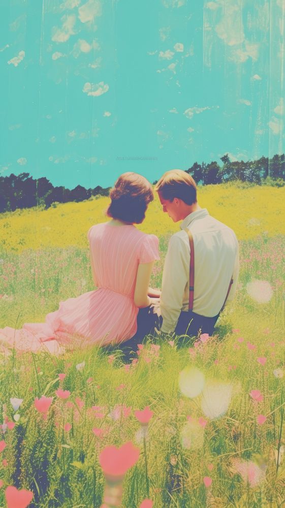 Couple love sitting in the meadow outdoors flower nature.