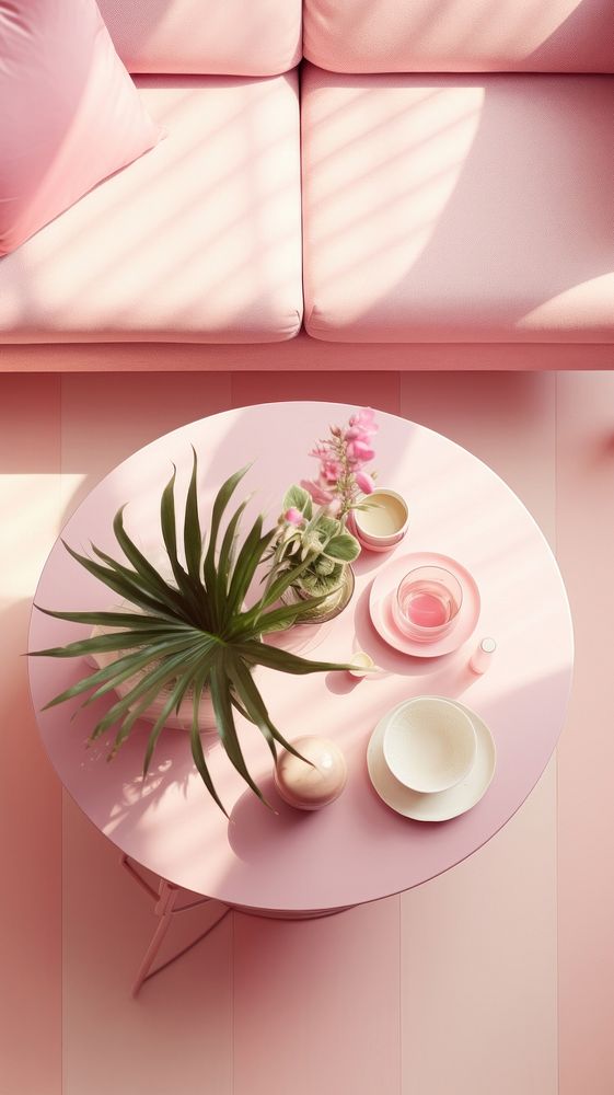 Pink minimal living room furniture flower table.