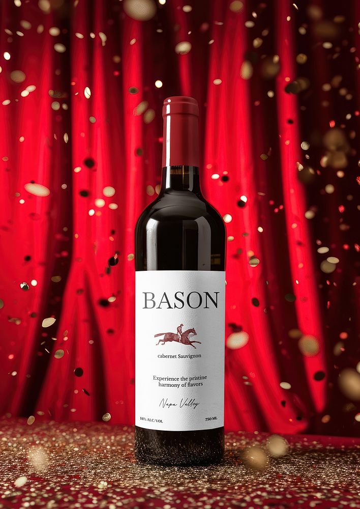 Red wine bottle with gold confetti