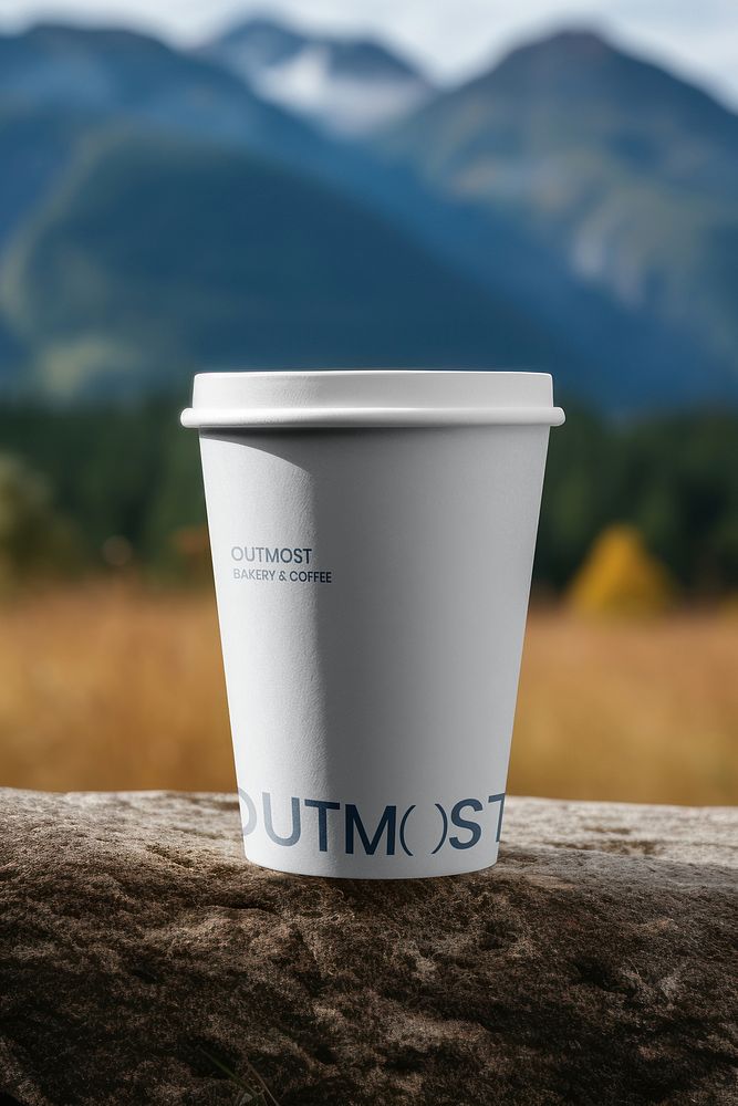 Paper coffee cup  landscape mountain mug. mockup psd