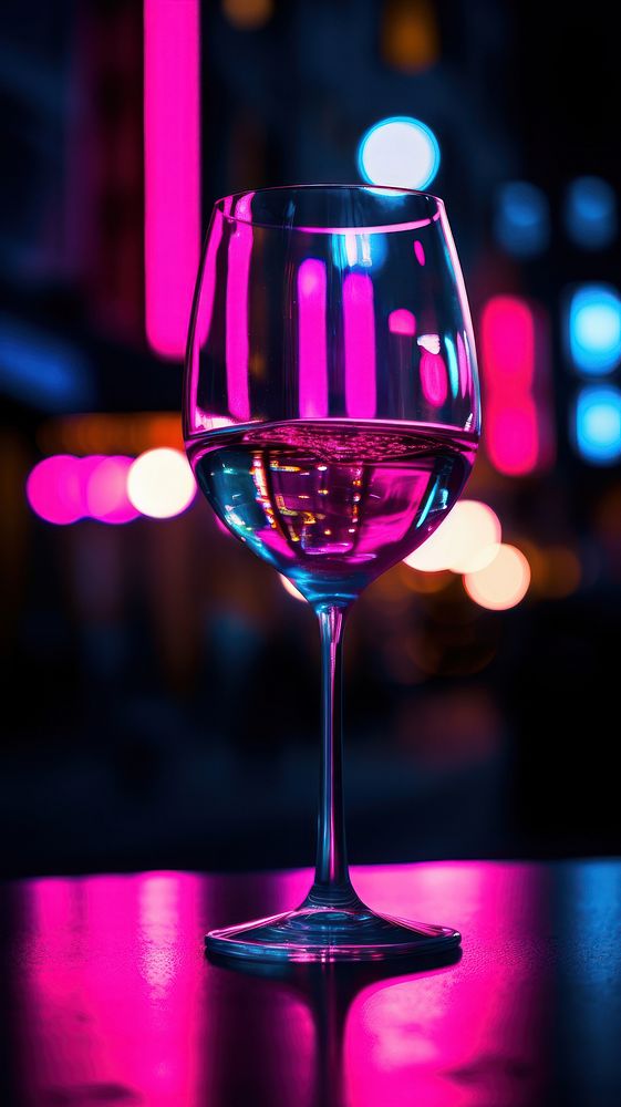 Wine glasses neon cocktail drink light.