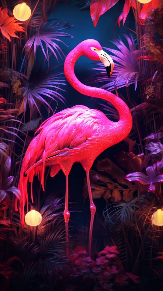 Flamingo neon light wallpaper animal bird illuminated.