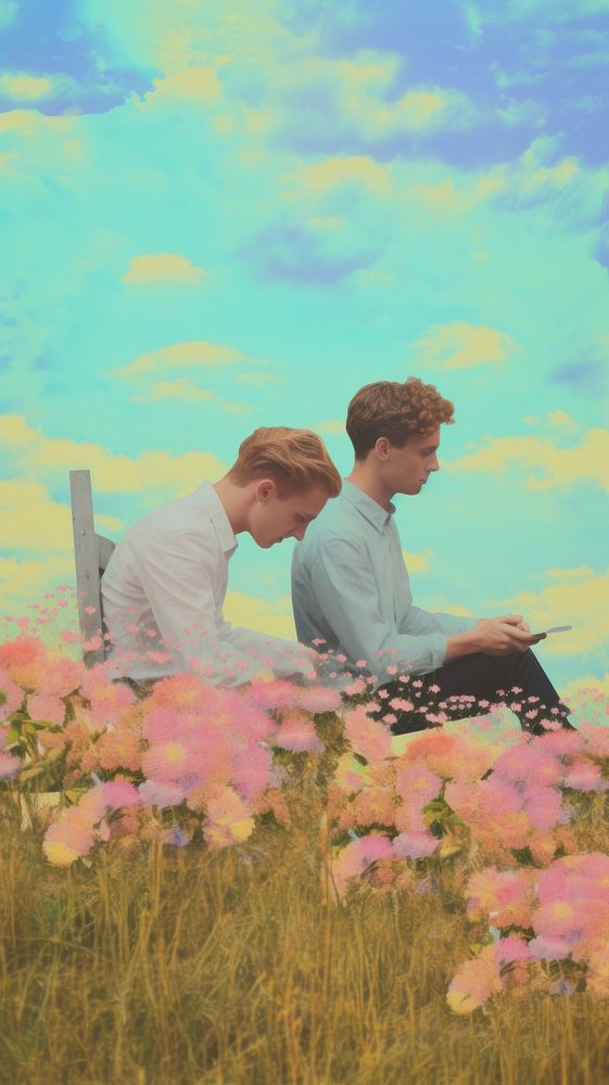 Gay couple love sitting in the meadow landscape outdoors nature.