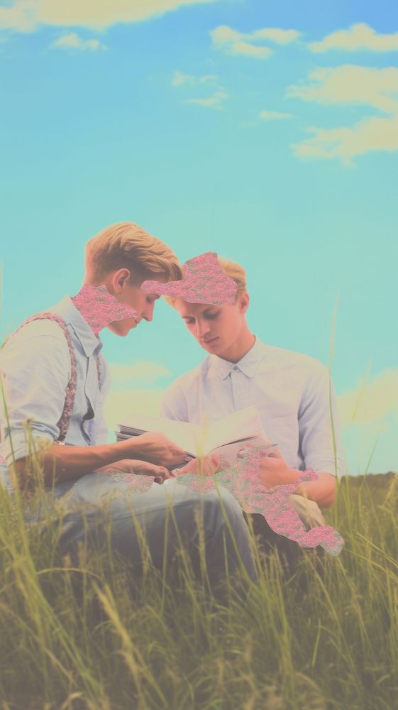 Gay couple love sitting in the meadow outdoors nature plant.