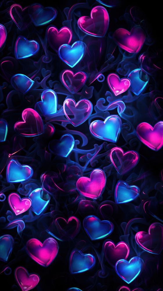 Heart shaped neon light pattern backgrounds purple.