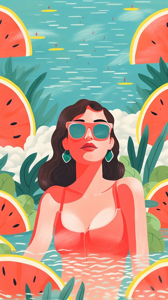 Hot summer illustration sunglasses swimwear plant.