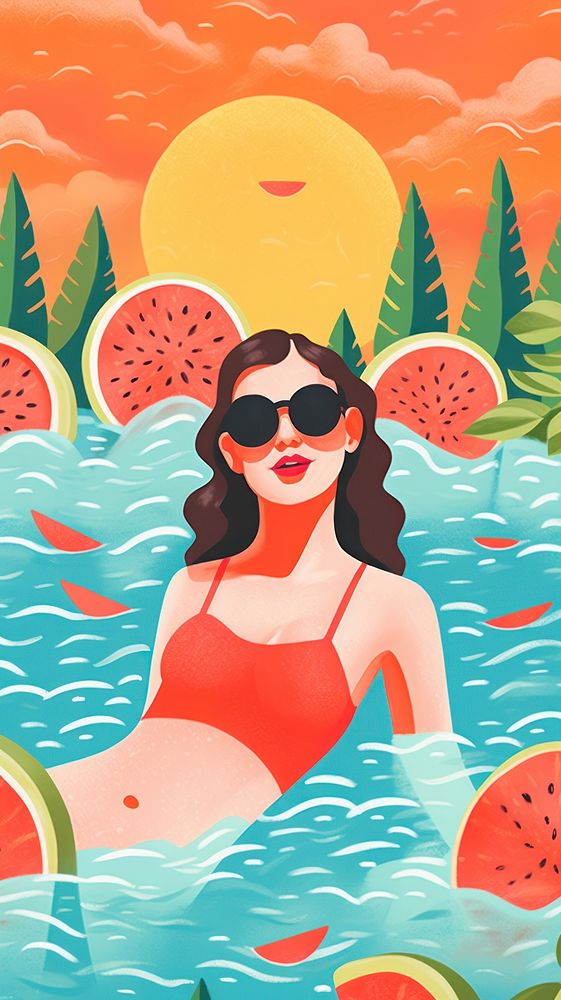 Hot summer illustration sunglasses swimwear plant.