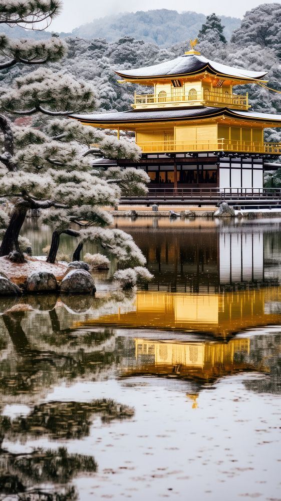 Japanese Golden temple by lake in wintertime architecture building outdoors.
