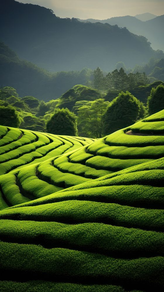 Japanese matcha agriculture in morning landscape outdoors nature.