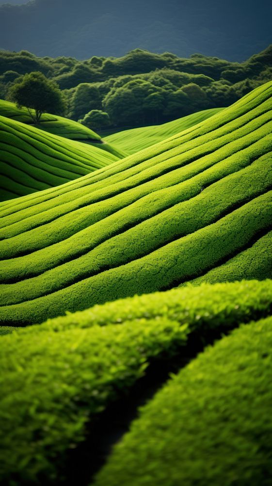 Japanese matcha agriculture in morning landscape outdoors nature.