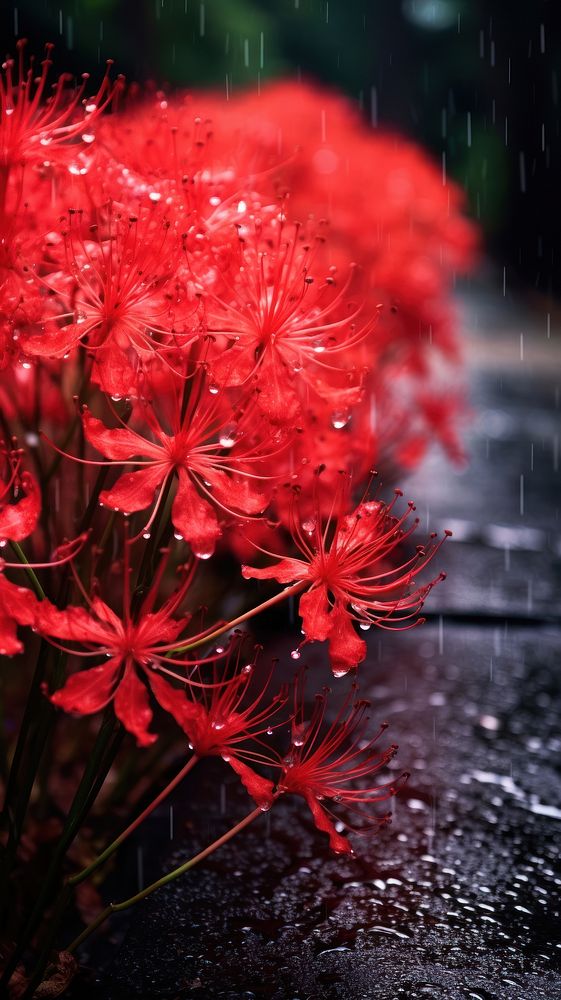 Japanese red spider lily by foot path in raining flower plant petal.