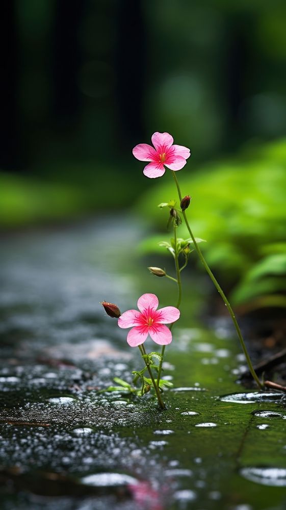 Japanese small wildflower by foot path in raining outdoors blossom nature.