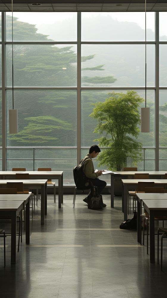 Japanese students architecture furniture cafeteria.