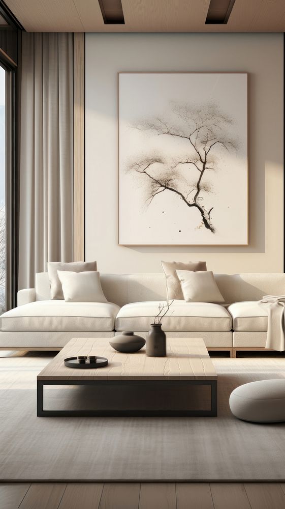 Modern interior japandi style design livingroom architecture furniture building.