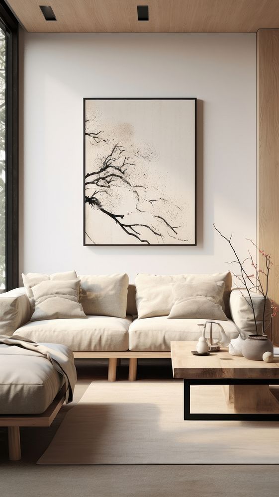 Modern interior japandi style design livingroom architecture furniture cushion.