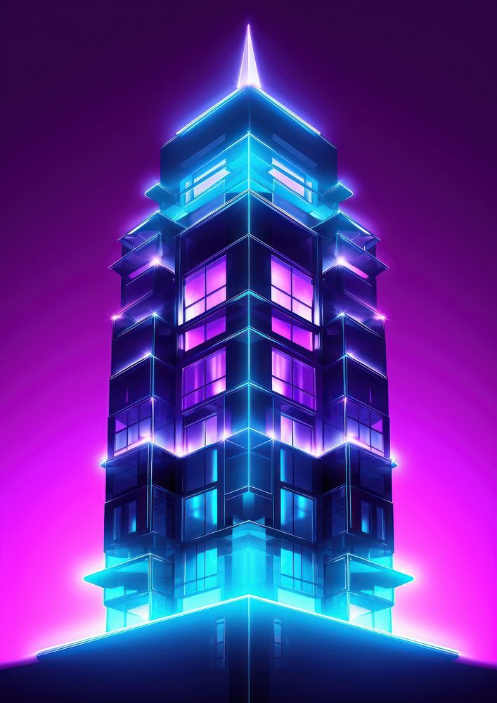 Neon building tower architecture purple light.