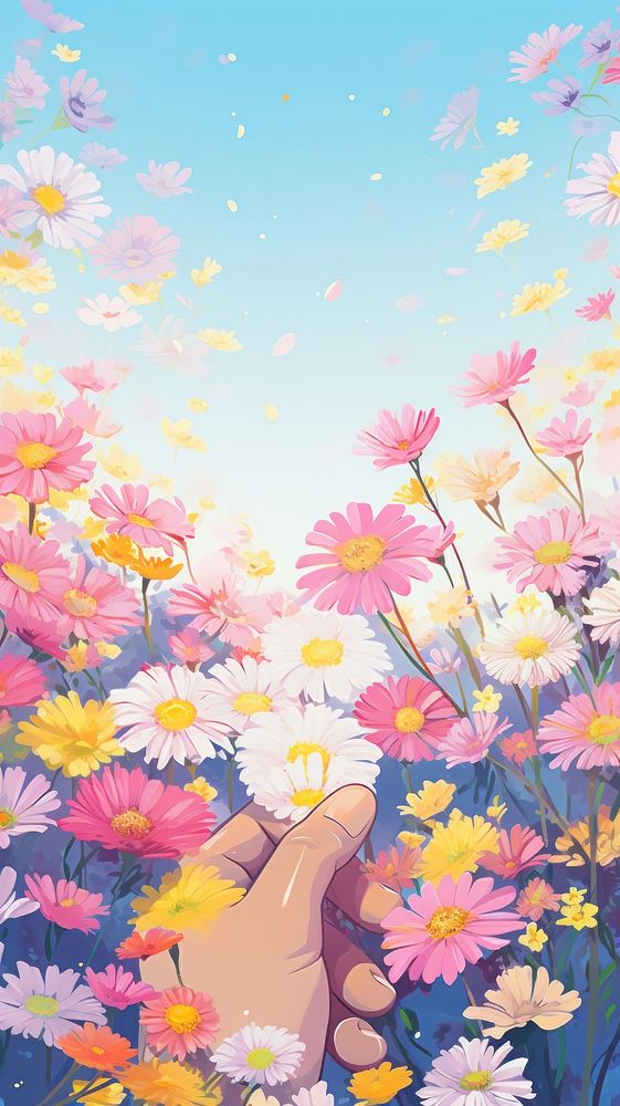 A Japanese wallpaper of hand holding together flower backgrounds outdoors.